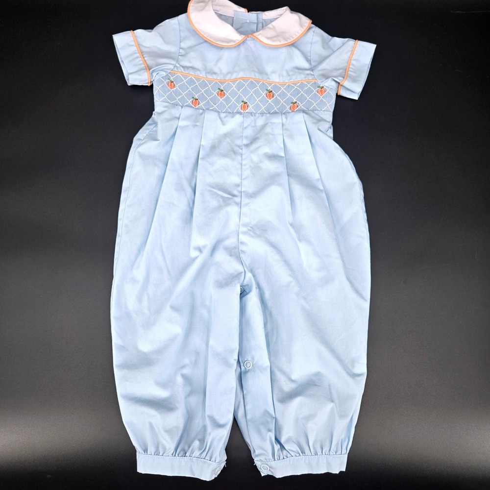 Zuccini Kids 9M Smocked Pumpkin Longall Romper Blue White Peter Pan Collar